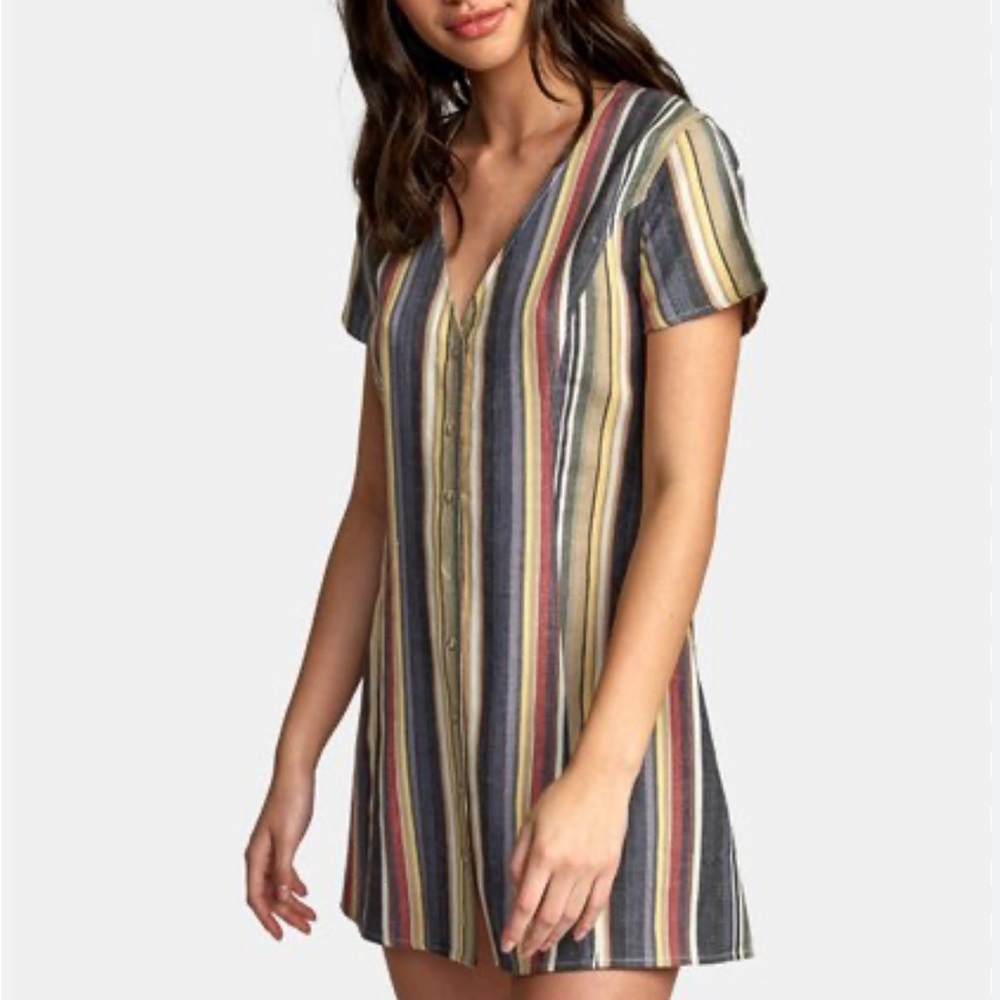RVCA Guilt Button Up Striped Cotton Short Sleeve Shirt Dress Size Medium